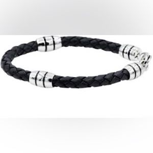 BLACKJACK Mens Black Leather Stainless Steel Bracelet - BJB94 - NWT